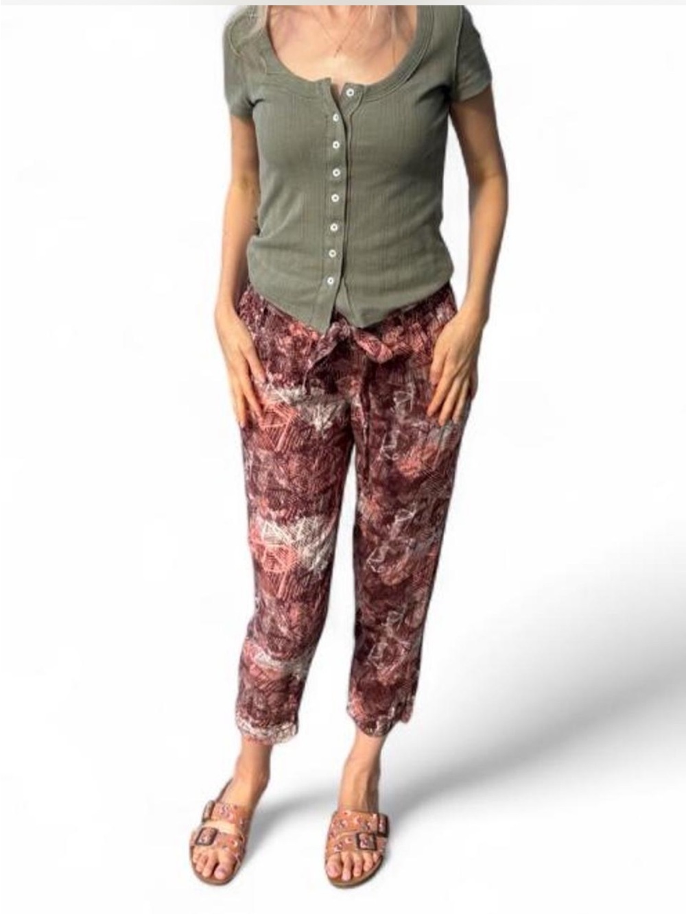 Comfortable pull on straight leg patterned ankle pants cinched tied waist XS